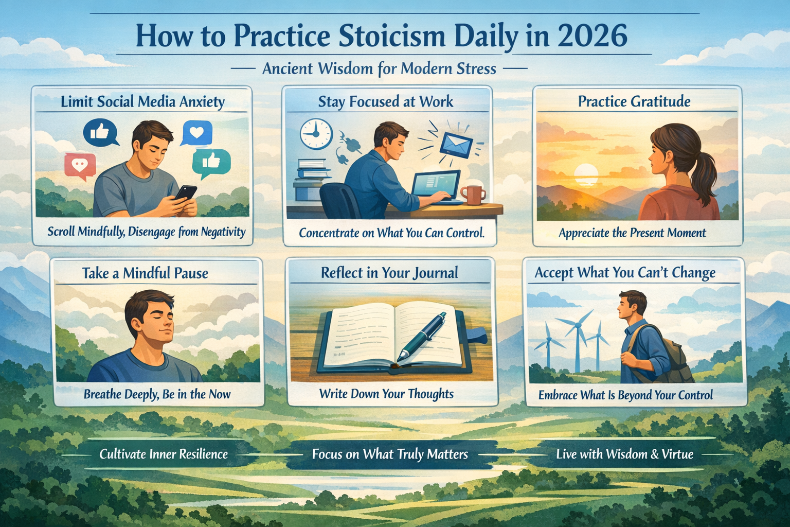 Stoicism in 2026: Ancient Wisdom for Modern Chaos 3 Do not write in Hindi on the images. Must write in English only. A detailed landscape format (1536x1024) infographic or visual guide demonst