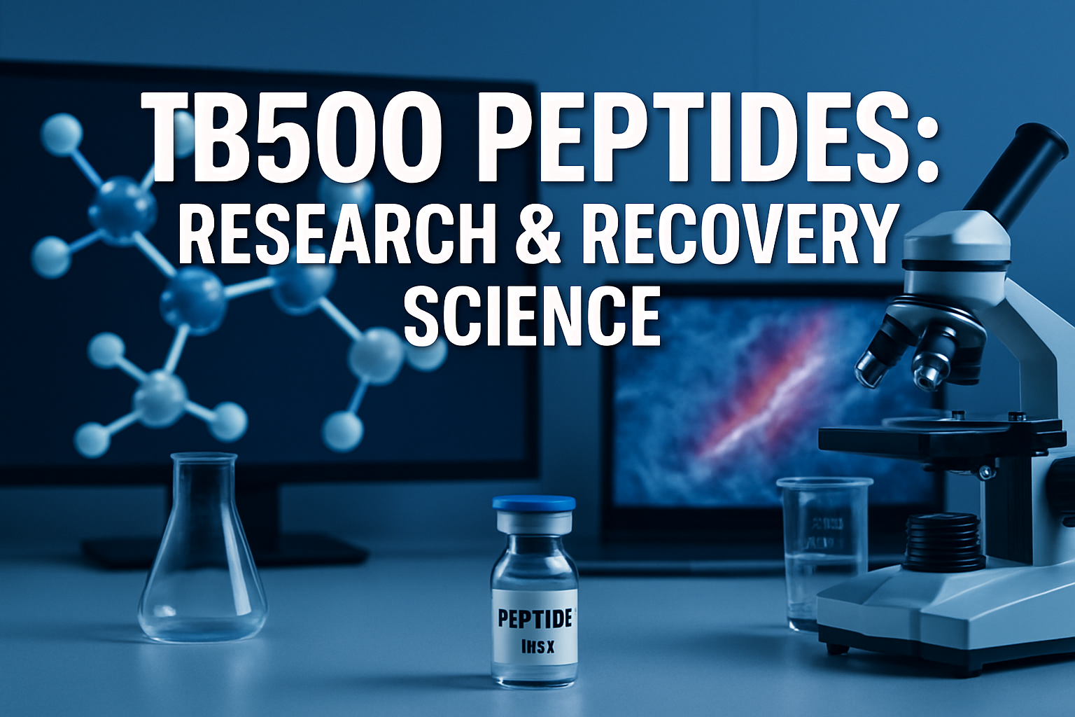 Professional landscape hero image (1536x1024) featuring bold text overlay 'TB500 Peptides: Research & Recovery Science' in extra large 72pt 