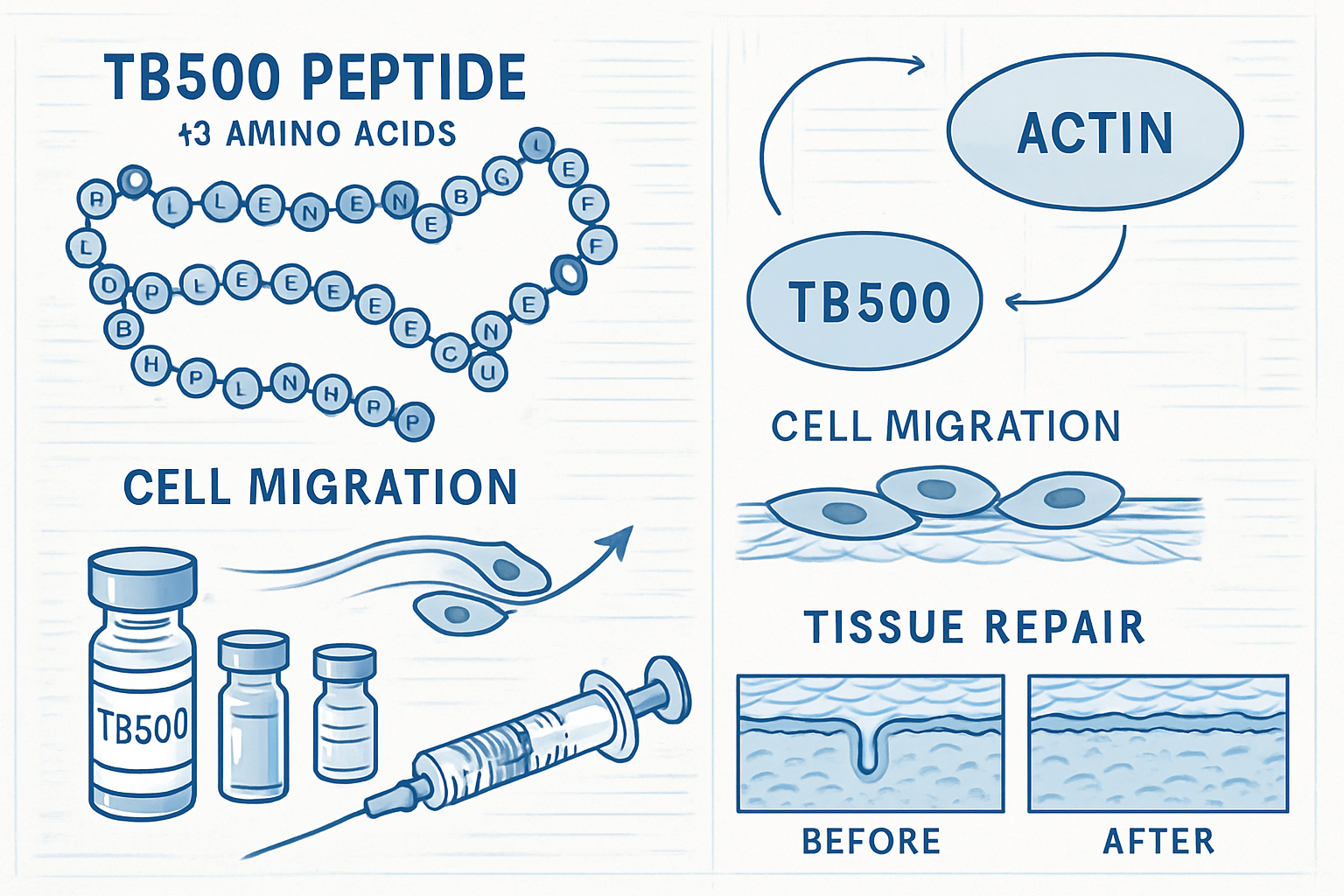 Scientific illustration showing TB500 peptide molecular structure with 43 amino acids highlighted, actin protein interactions, cellular migr