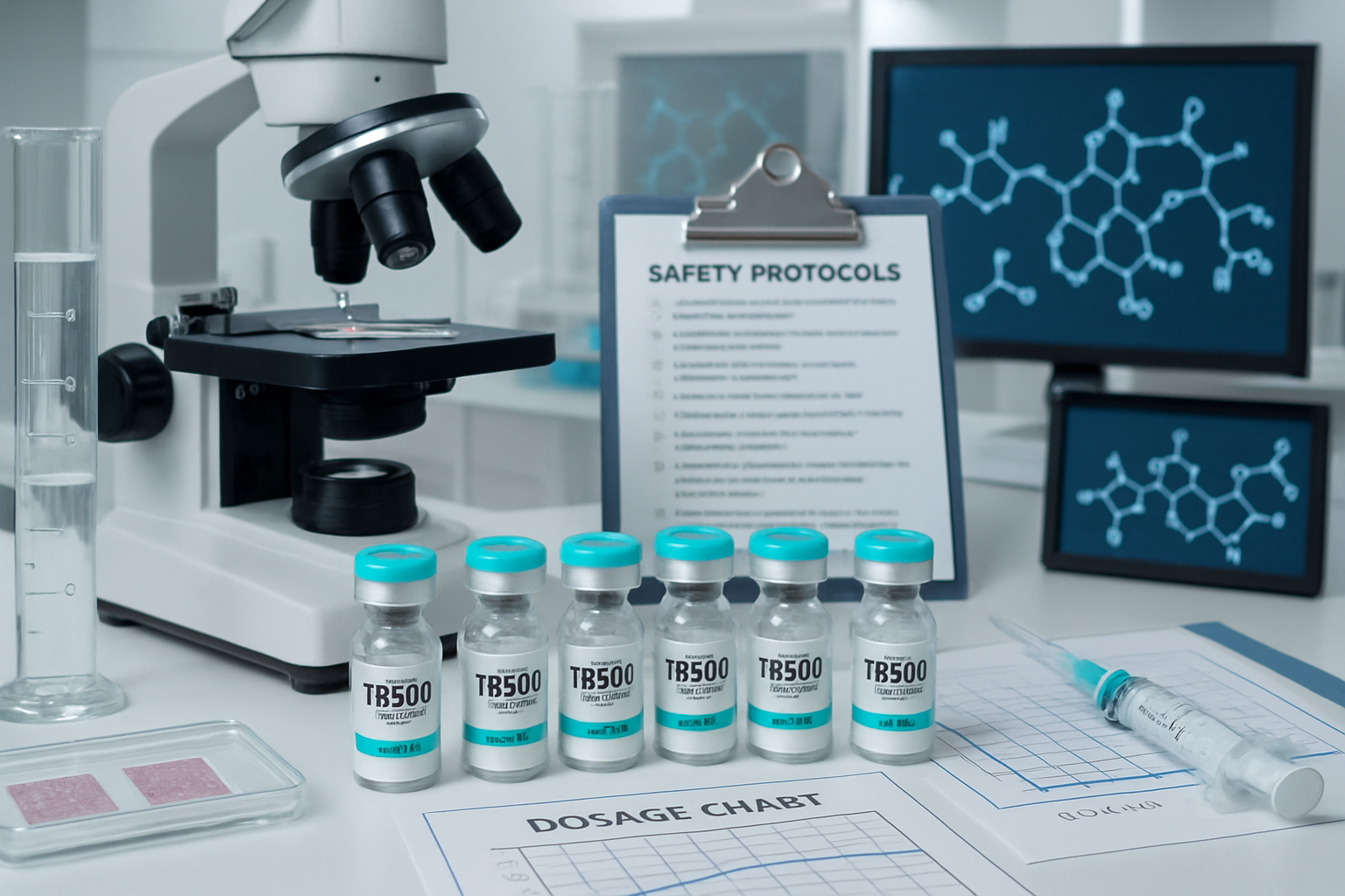 Professional research laboratory scene featuring TB500 peptide vials, scientific measurement tools, dosage charts, injection equipment, safe