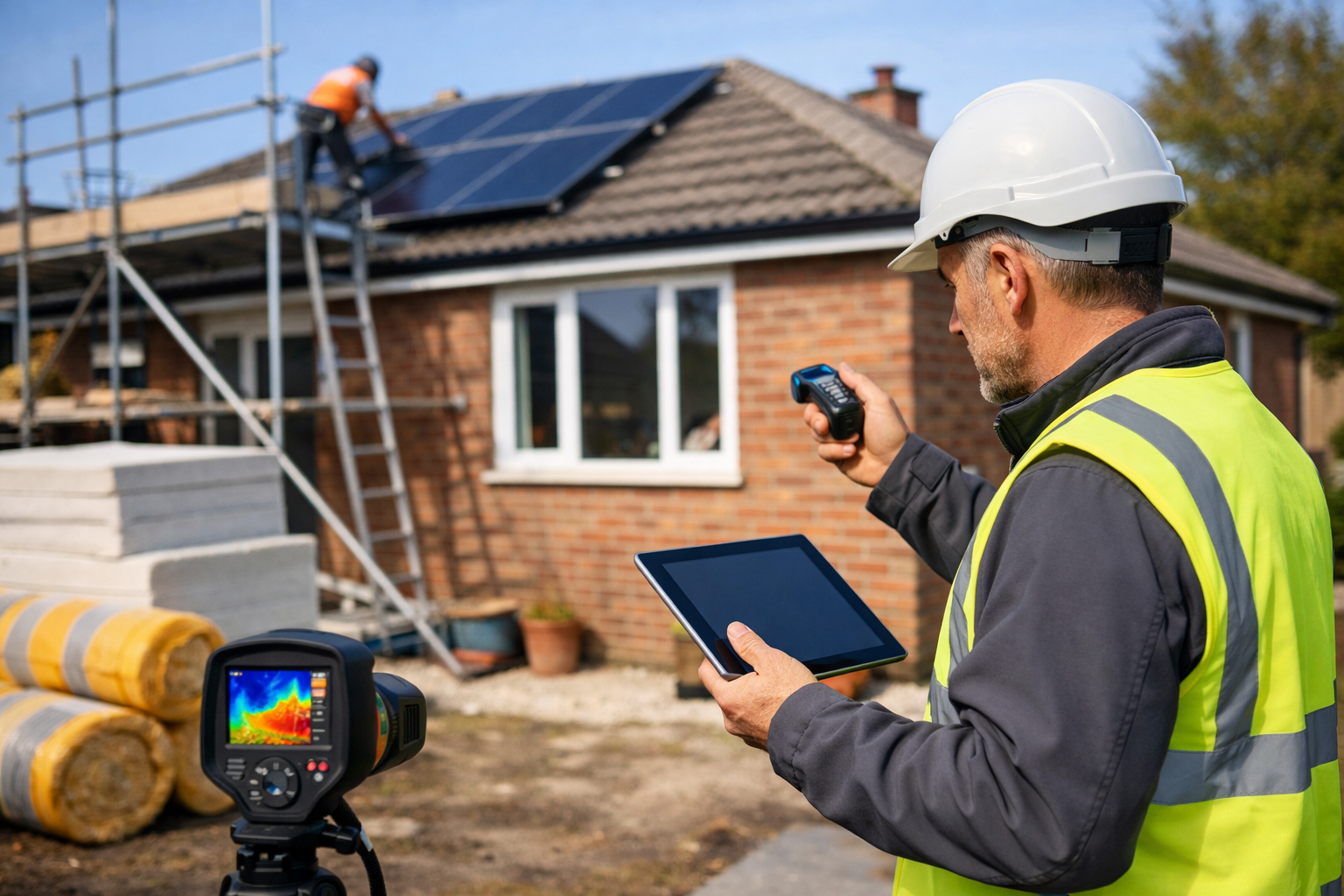Professional landscape format (1536x1024) editorial hero image showing a charming single-storey brick bungalow undergoing modern retrofit wo