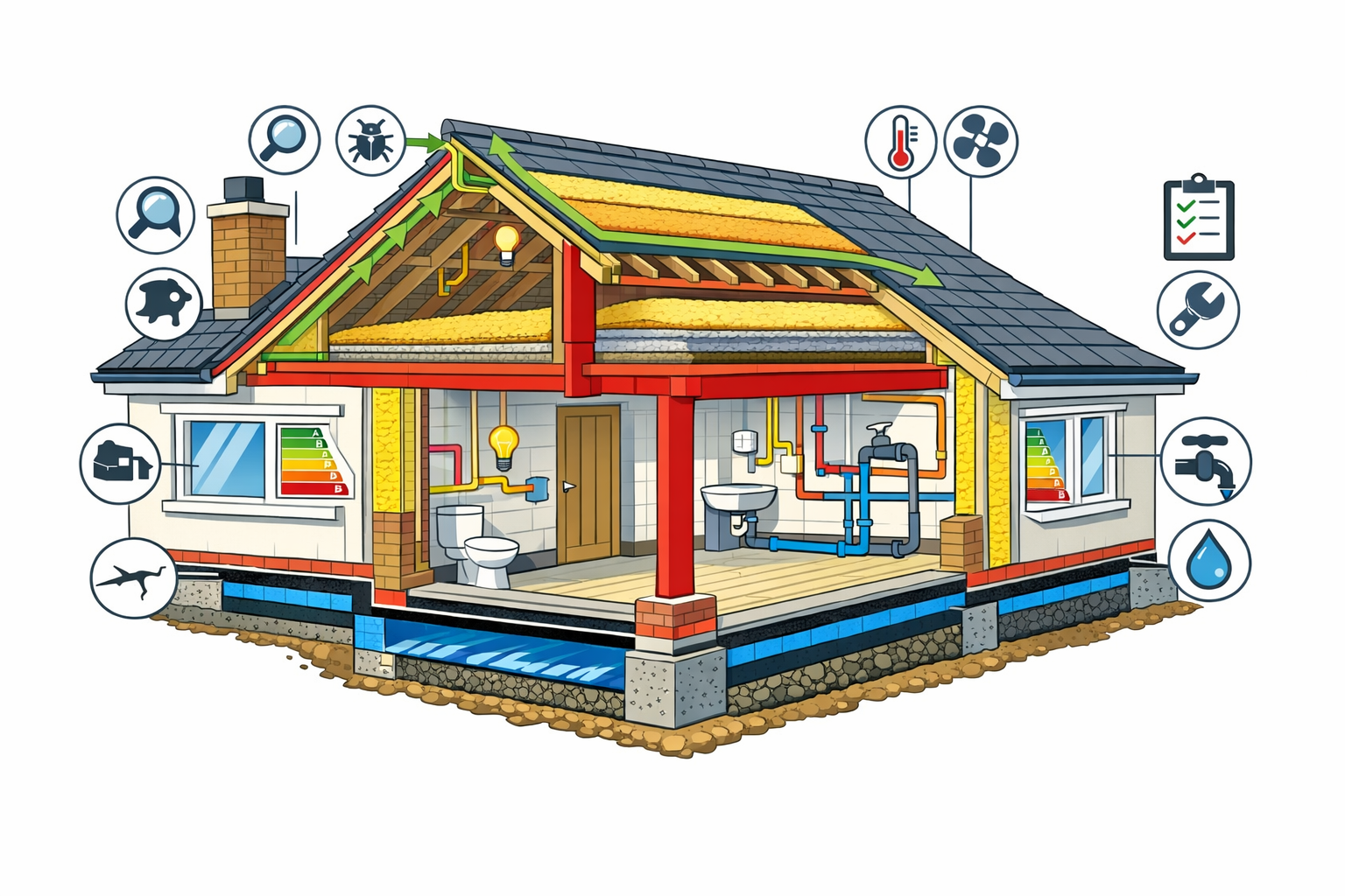 Landscape format (1536x1024) detailed cutaway technical illustration of a bungalow cross-section showing comprehensive building survey check