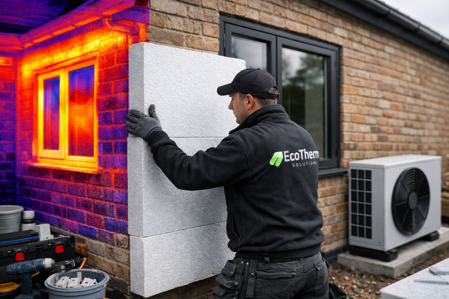 Landscape format (1536x1024) professional photograph of modern energy retrofit installation in progress on a bungalow, close-up of installer