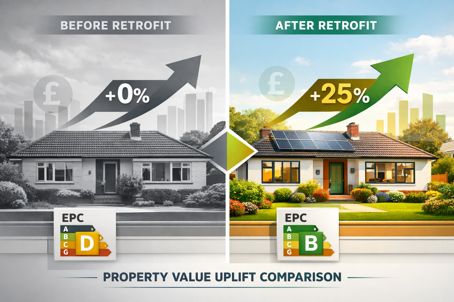 Landscape format (1536x1024) sophisticated infographic-style visualization showing bungalow property value uplift comparison, split-screen c