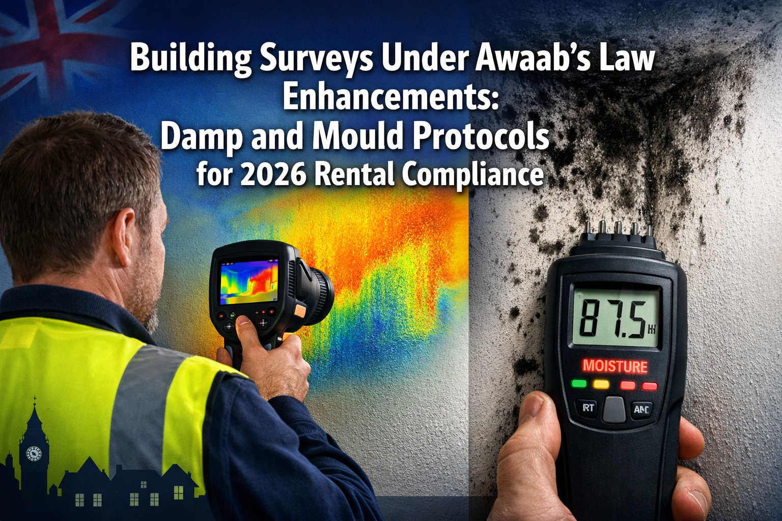 Professional () hero image with : 'Building Surveys Under Awaab's Law Enhancements: Damp and Mould Protocols for 2026 Rental