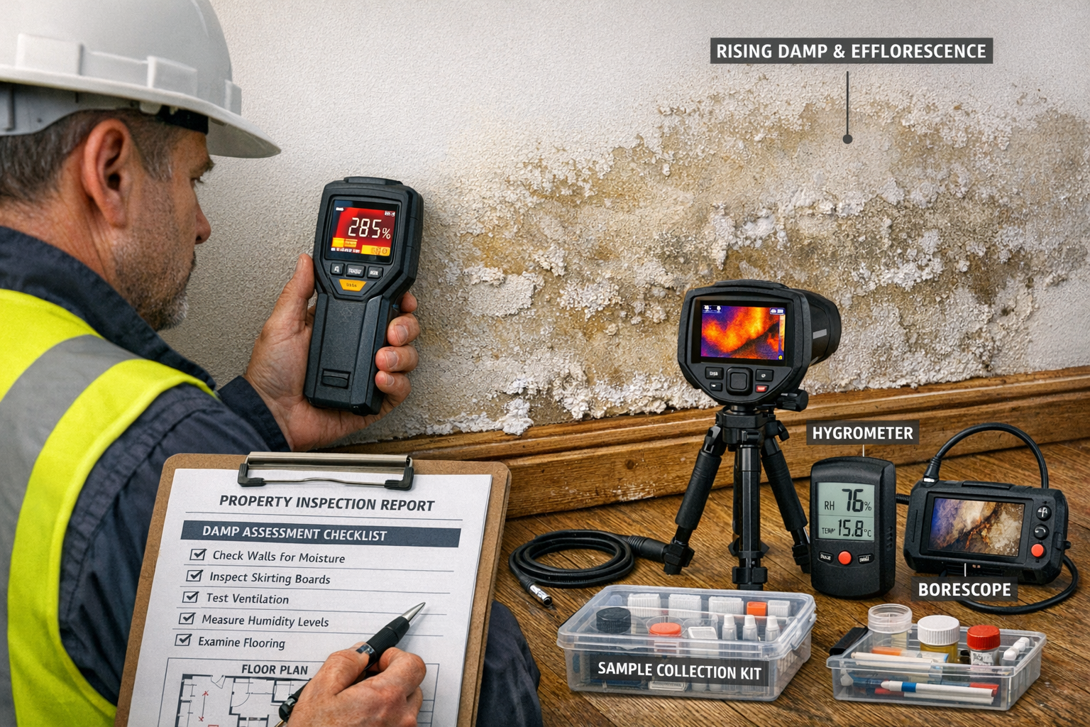 Detailed () image showing comprehensive building survey inspection scene with chartered surveyor conducting damp assessment