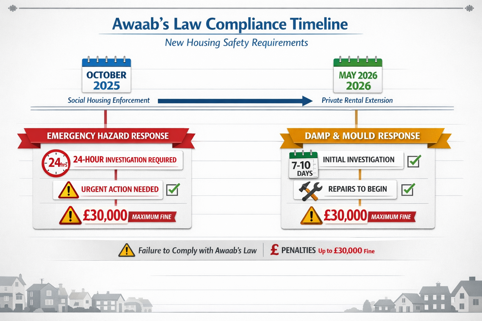 Detailed () infographic-style image displaying Awaab's Law compliance timeline and response requirements as visual