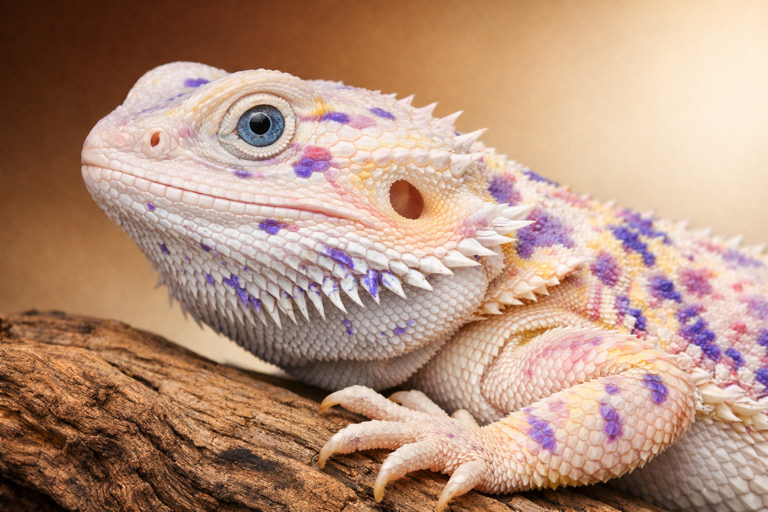Close-up detailed photograph of hypo paradox bearded dragon showing distinctive genetic traits - reduced melanin pigmentation, translucent s