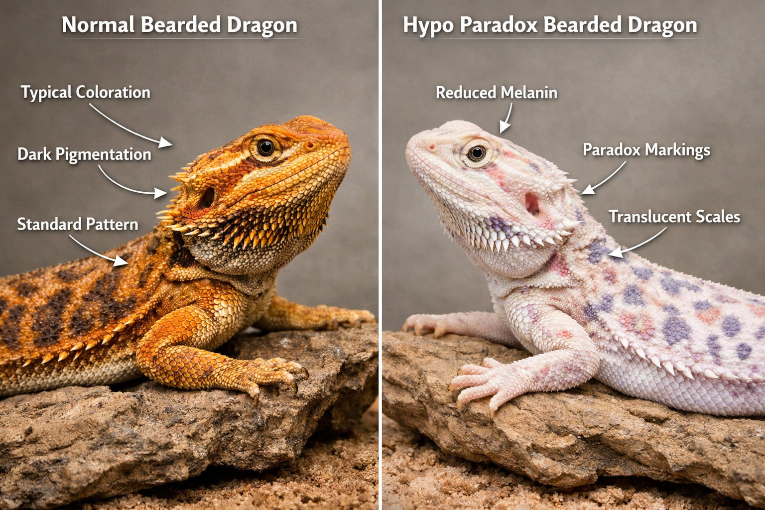 Split-screen comparison image showing normal bearded dragon versus hypo paradox morph side by side, highlighting genetic differences in pigm
