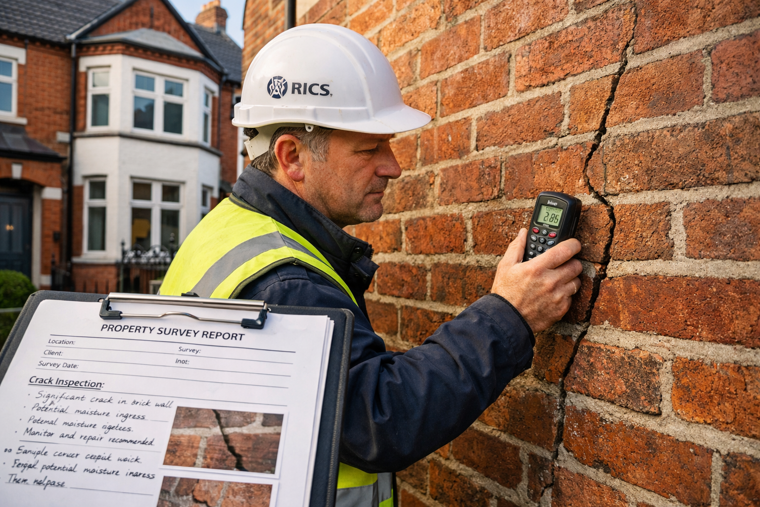 () editorial photograph showing RICS-qualified building surveyor in high-visibility vest and hard hat examining structural
