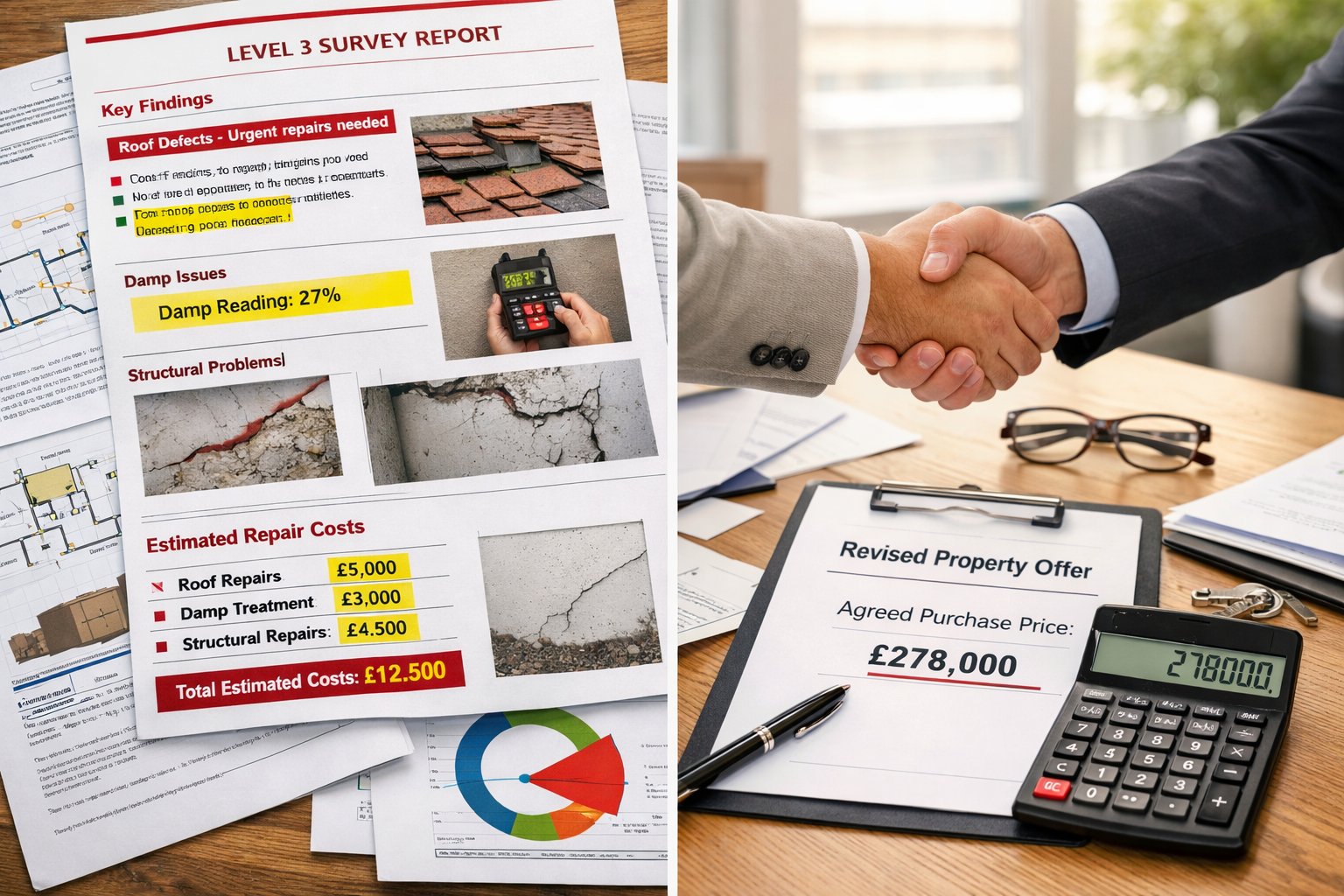 () split-screen composition showing before-and-after negotiation scenario: left side displays detailed Level 3 survey report