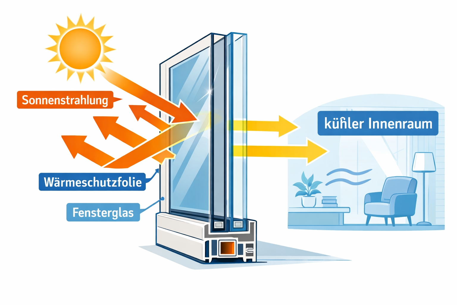() detailed infographic-style illustration showing cross-section of a window with Wärmeschutzfolie applied, arrows