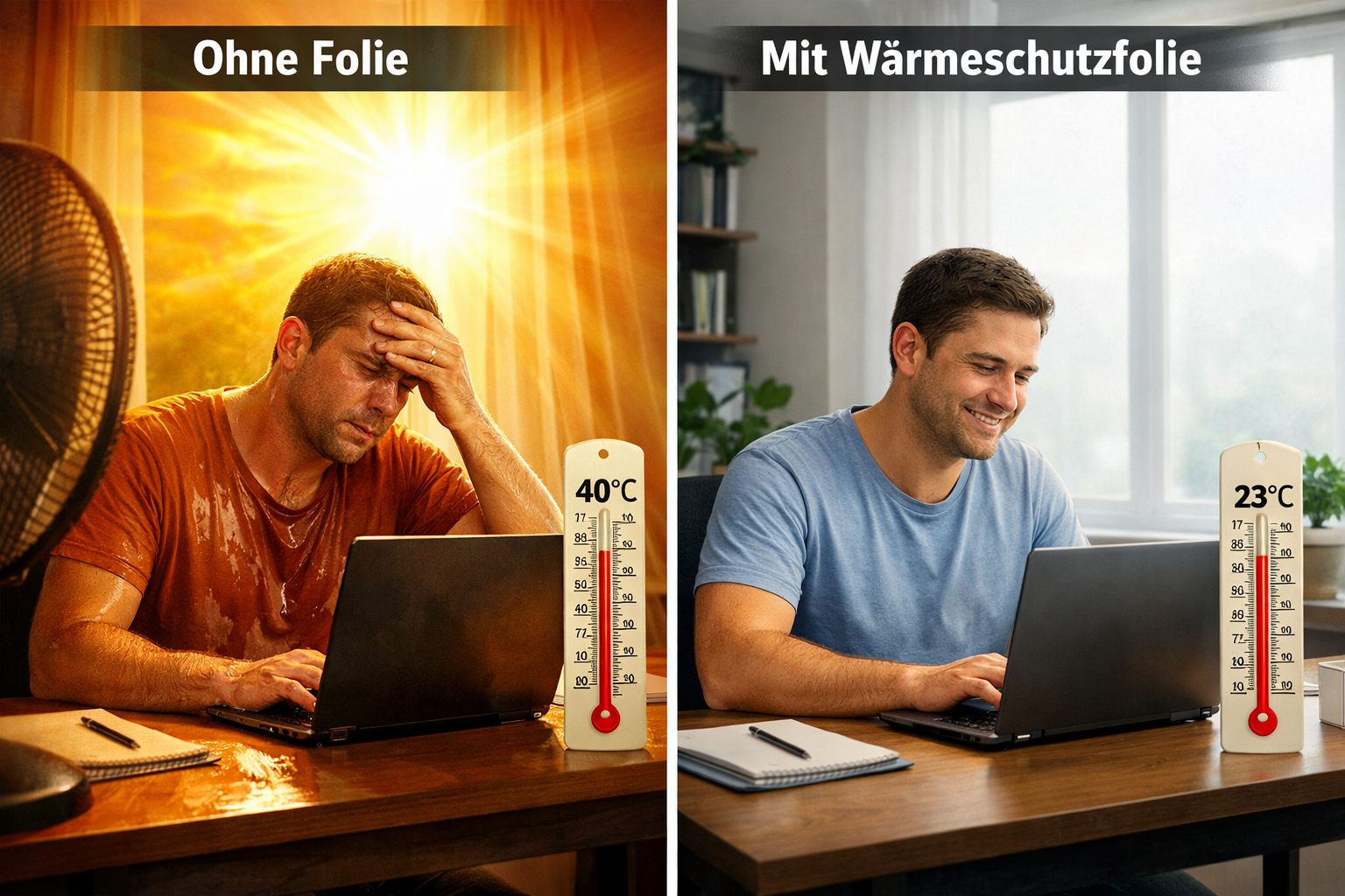 () split-scene comparison image: left side shows a sweltering room without window film, person sweating at desk, thermometer