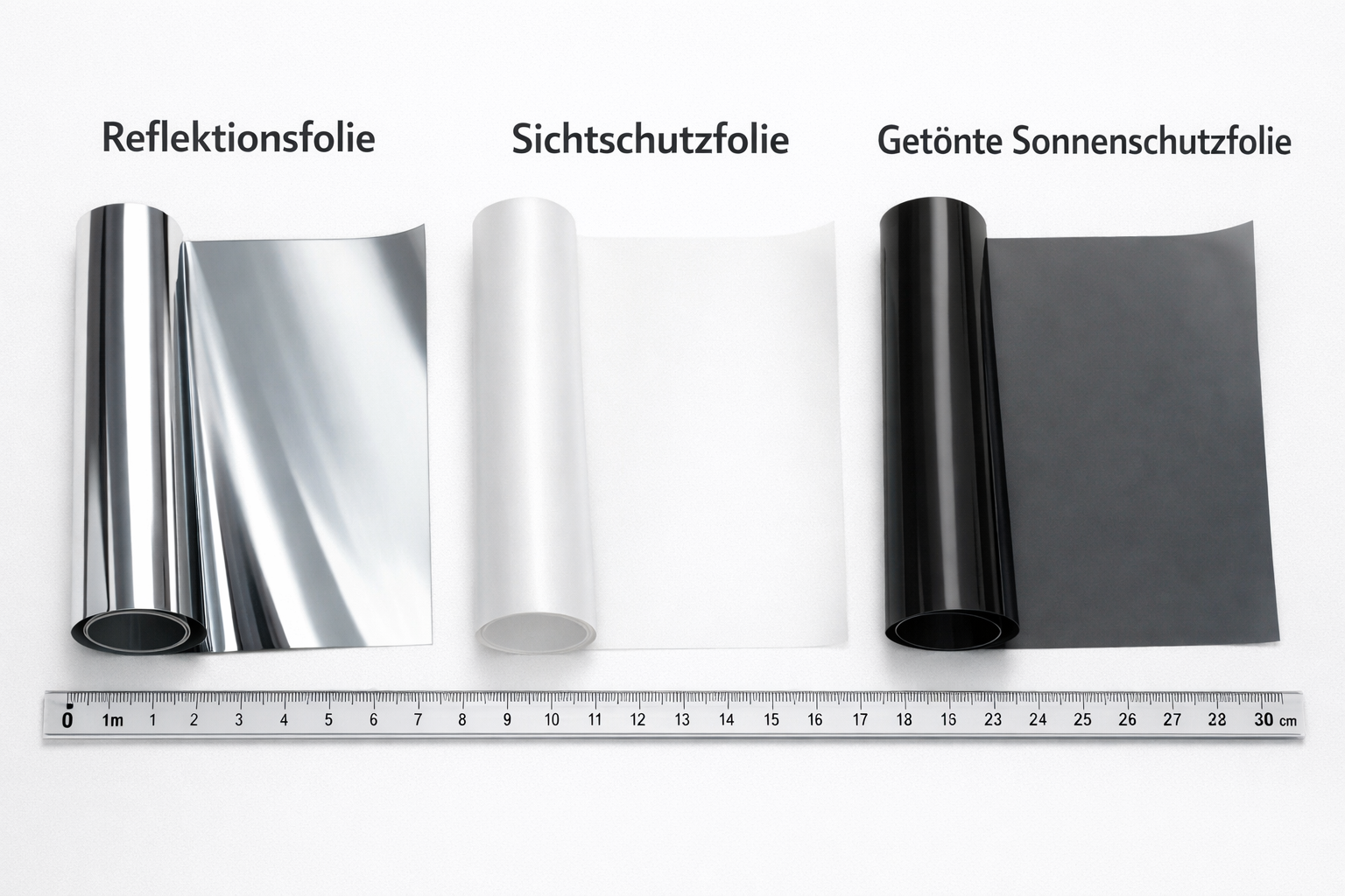 () close-up product comparison flat-lay showing three types of window films side by side on a light surface: reflective
