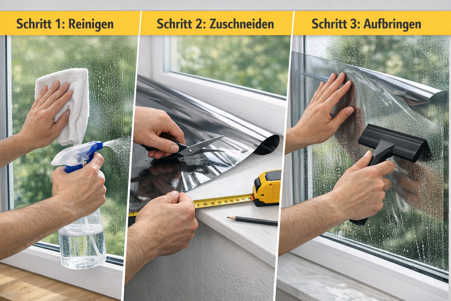 () step-by-step DIY installation scene showing hands applying Wärmeschutzfolie to a window glass surface with a squeegee