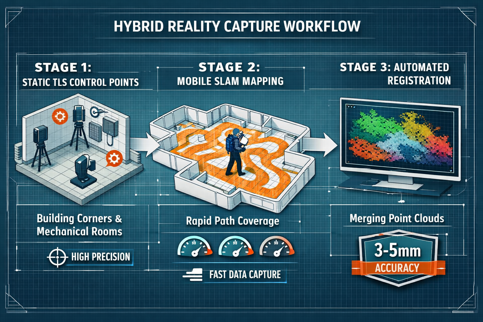 Landscape format (1536x1024) workflow diagram illustration depicting hybrid reality capture methodology with three connected stages: Stage 1