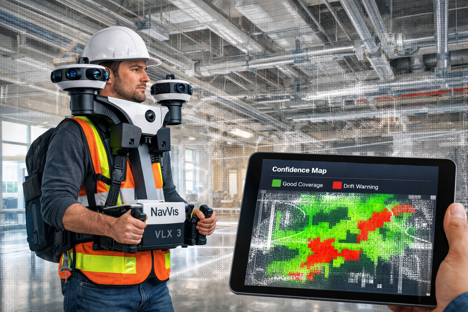 Landscape format (1536x1024) modern surveying professional wearing safety vest and hard hat operating NavVis VLX 3 mobile scanner in large c