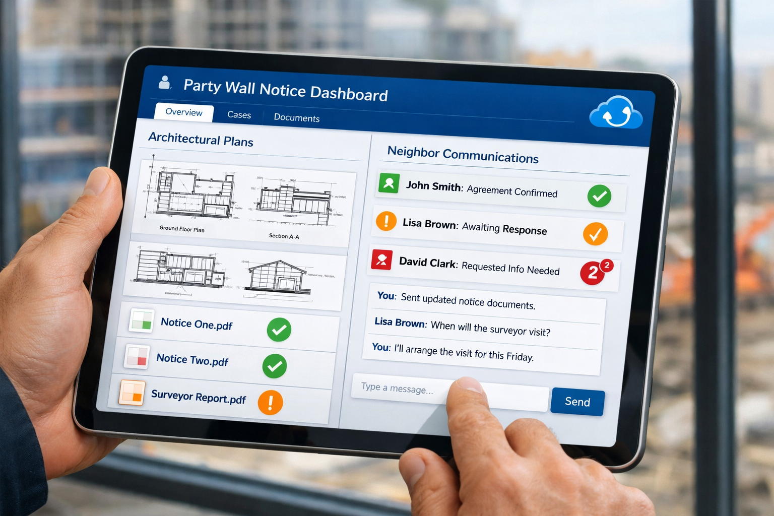 Detailed () image showing close-up of professional surveyor's hands holding tablet displaying interactive party wall notice