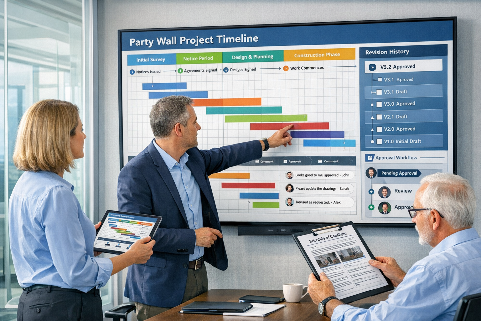 Detailed () image depicting three professionals in modern conference room collaborating around large wall-mounted digital