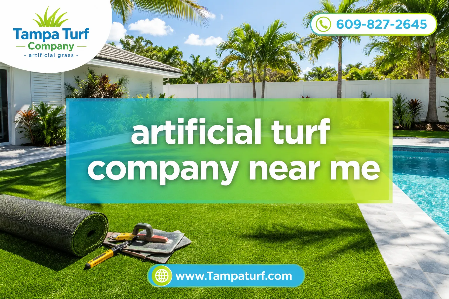 Professional () magazine-cover hero image with SHORT : 'artificial turf company near me' in crisp white on a