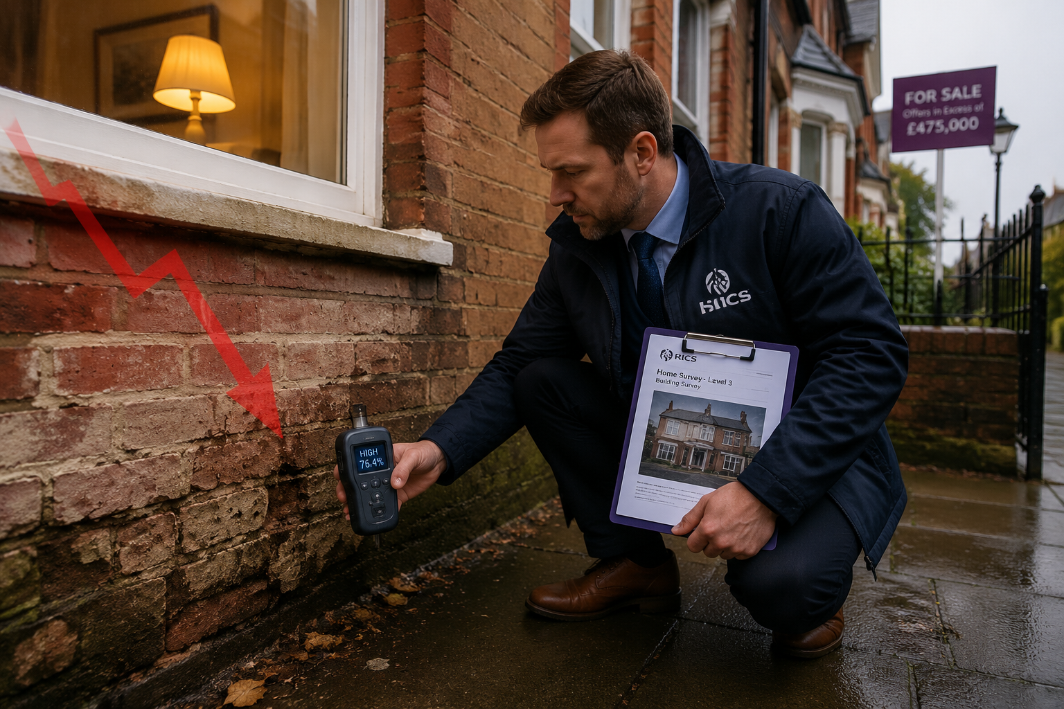 Wide-angle editorial photograph of a RICS-accredited chartered surveyor in professional attire crouching to inspect visible