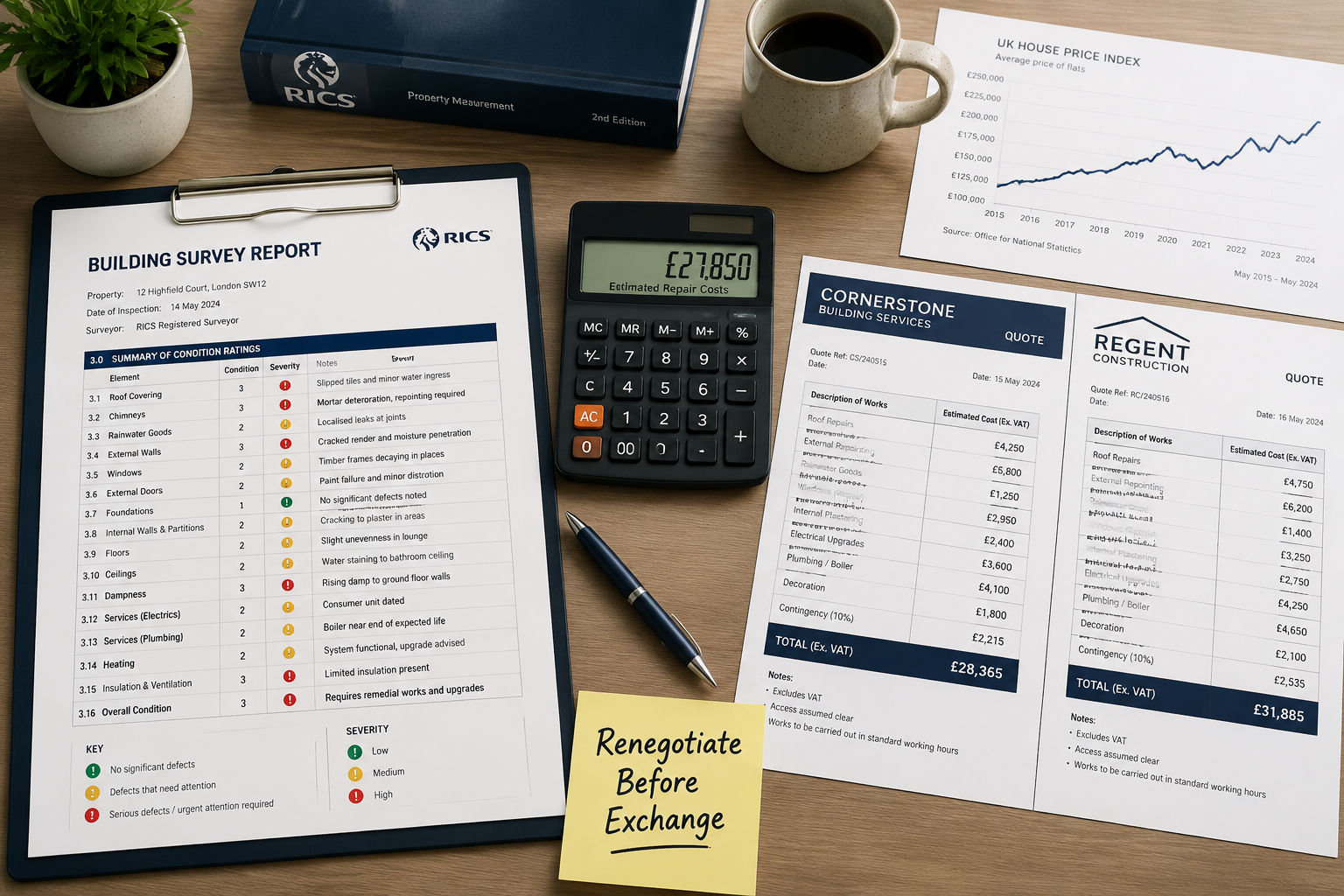 Flat-lay overhead shot of a wooden desk showing a detailed building survey report with red-flagged defect items highlighted,