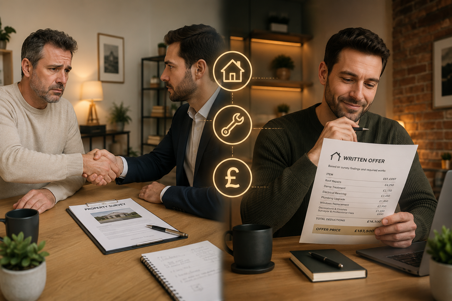 Split-scene landscape image: left half shows a stressed seller and buyer shaking hands cautiously across a table with survey