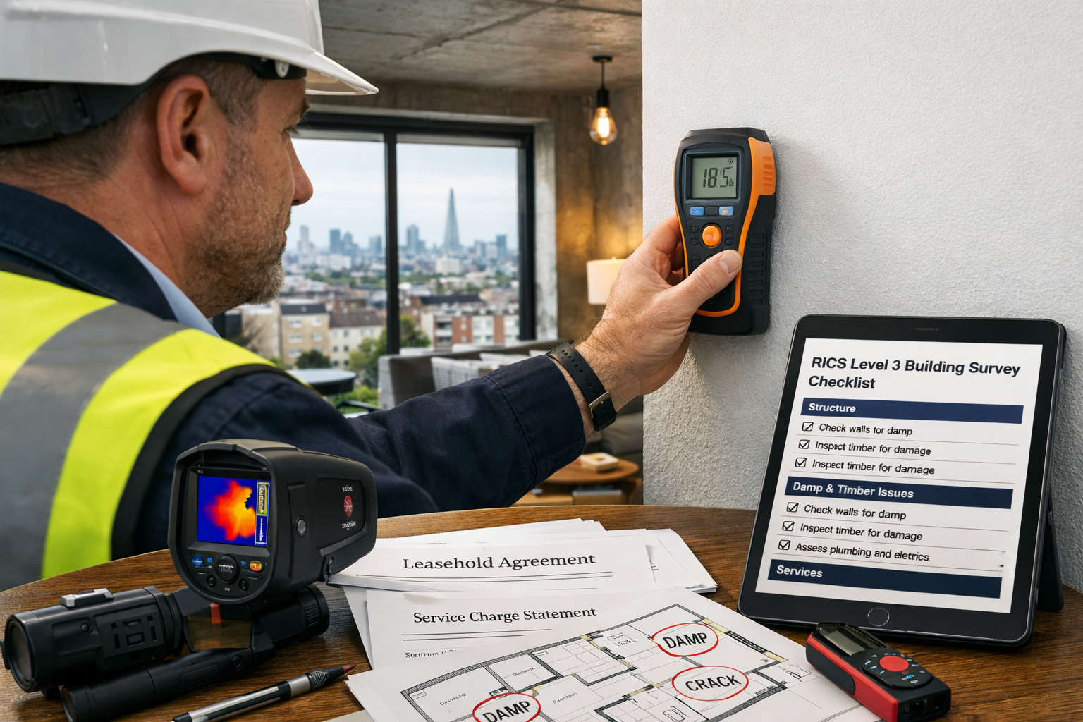 Detailed () image showing professional chartered surveyor conducting flat inspection in modern London apartment, close-up of