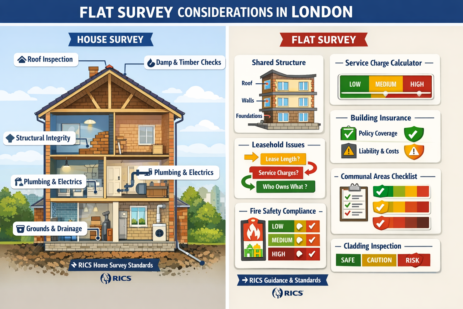 Comprehensive () infographic illustration showing flat-specific survey considerations for London properties, split-screen