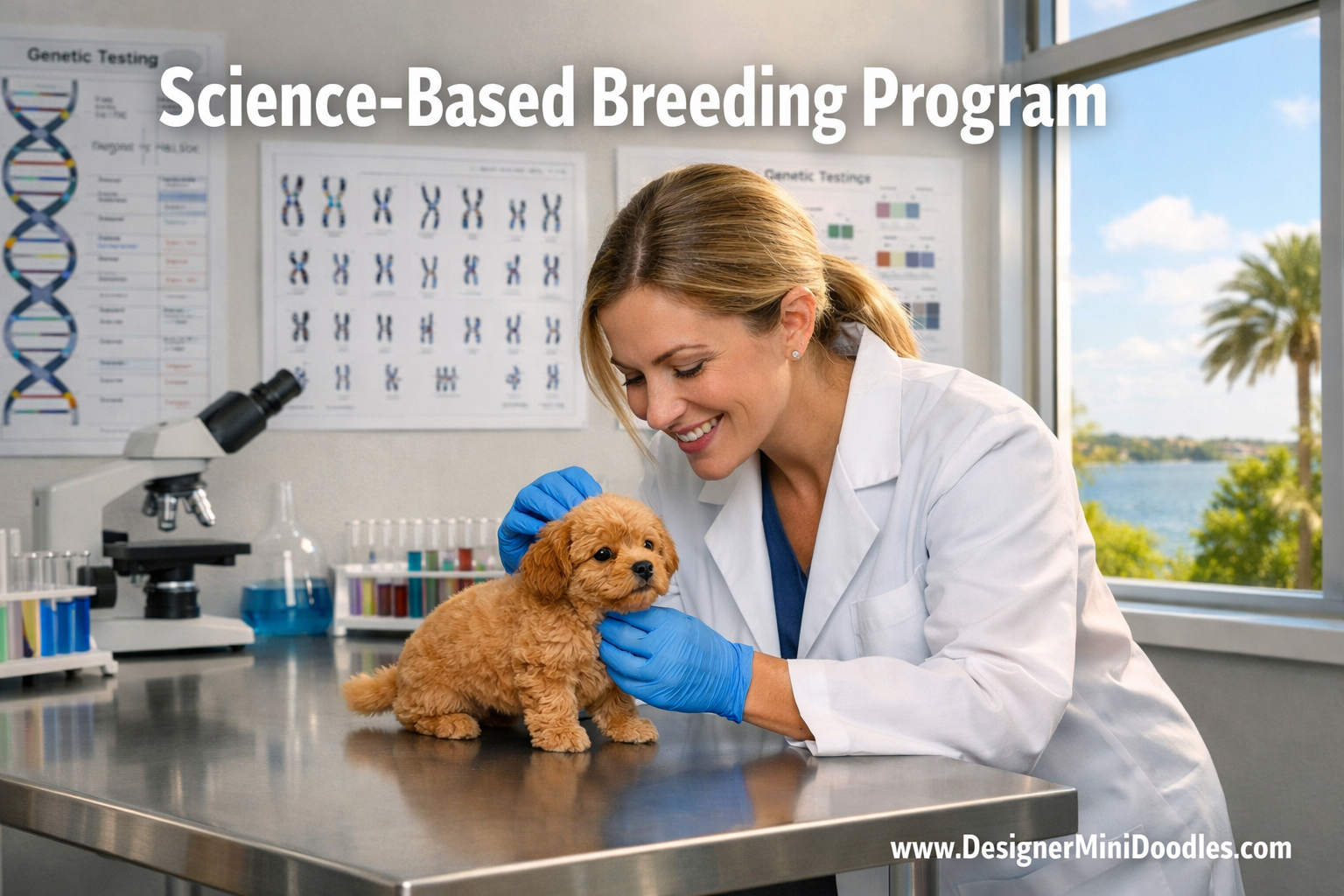 () editorial image showing a professional animal biology laboratory setting with a female scientist in a white coat