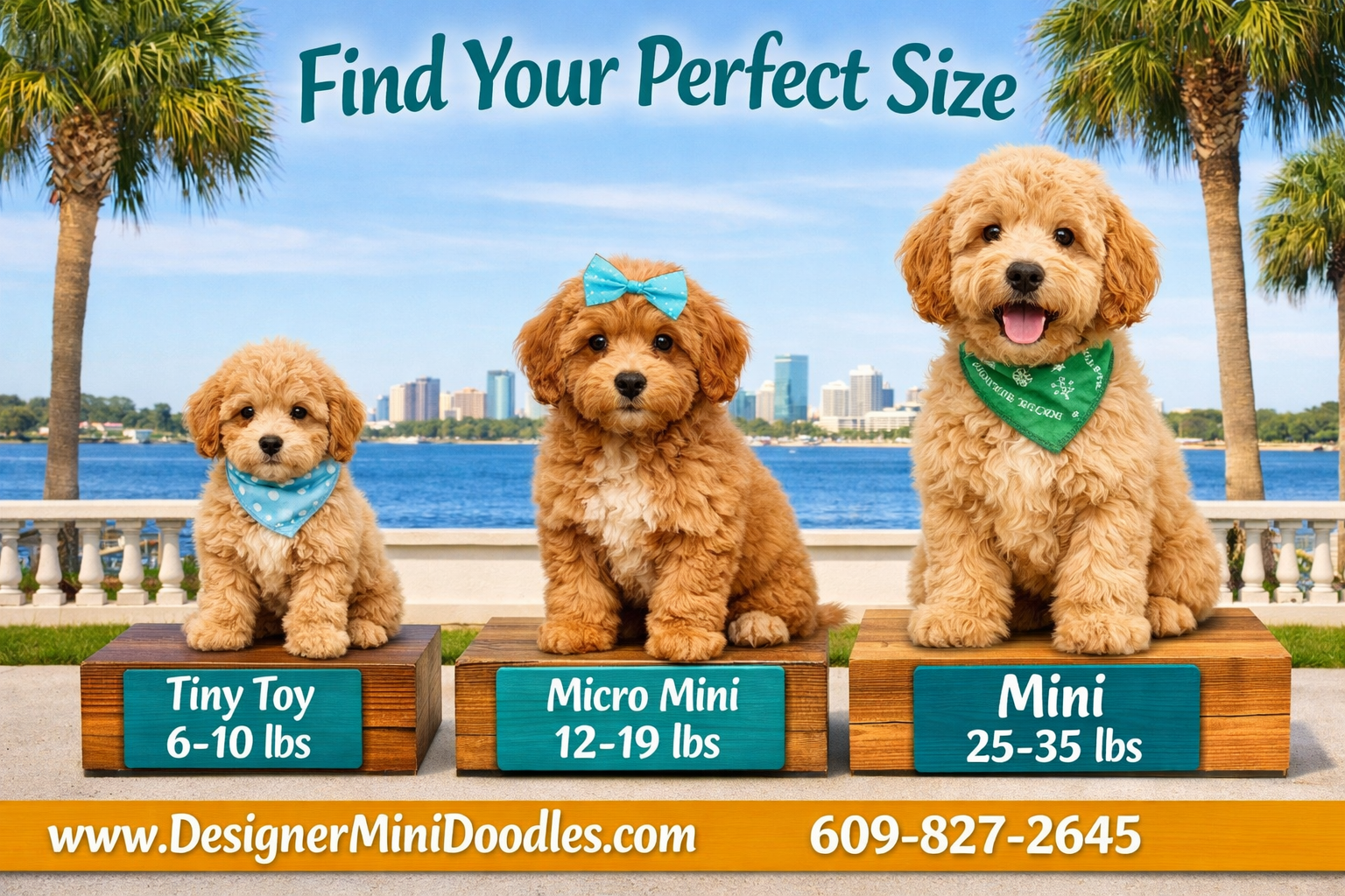 () infographic-style image showing three adorable goldendoodle puppies side by side in different sizes: tiny toy