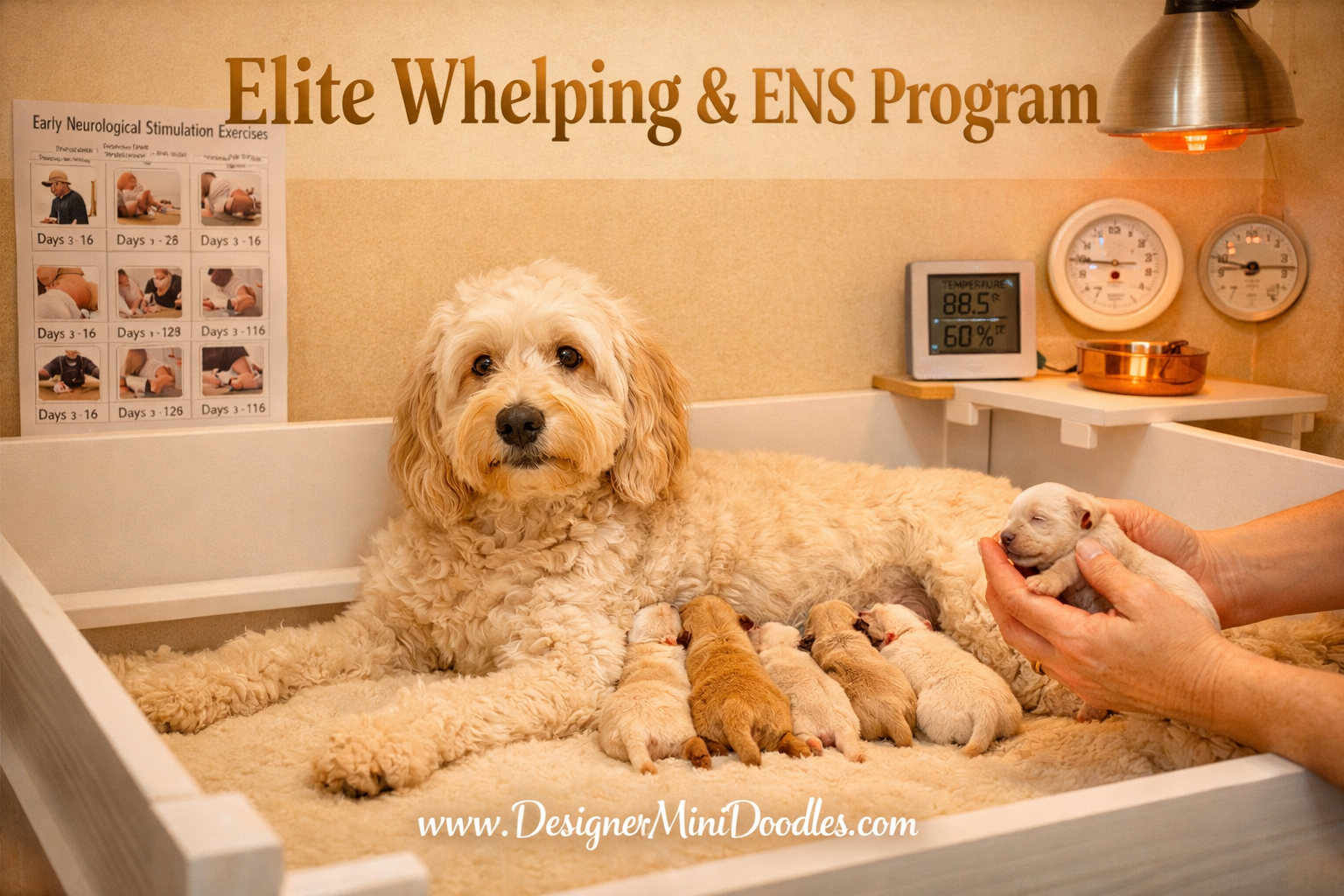 () warm nursery-style image showing a professional whelping room with a mother goldendoodle nursing newborn puppies in a