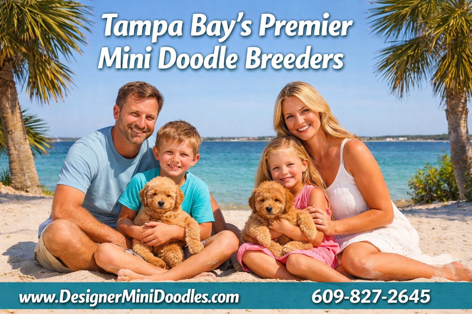 () lifestyle editorial photo showing a happy Tampa Bay family with two young children sitting on a sunny Florida beach, each