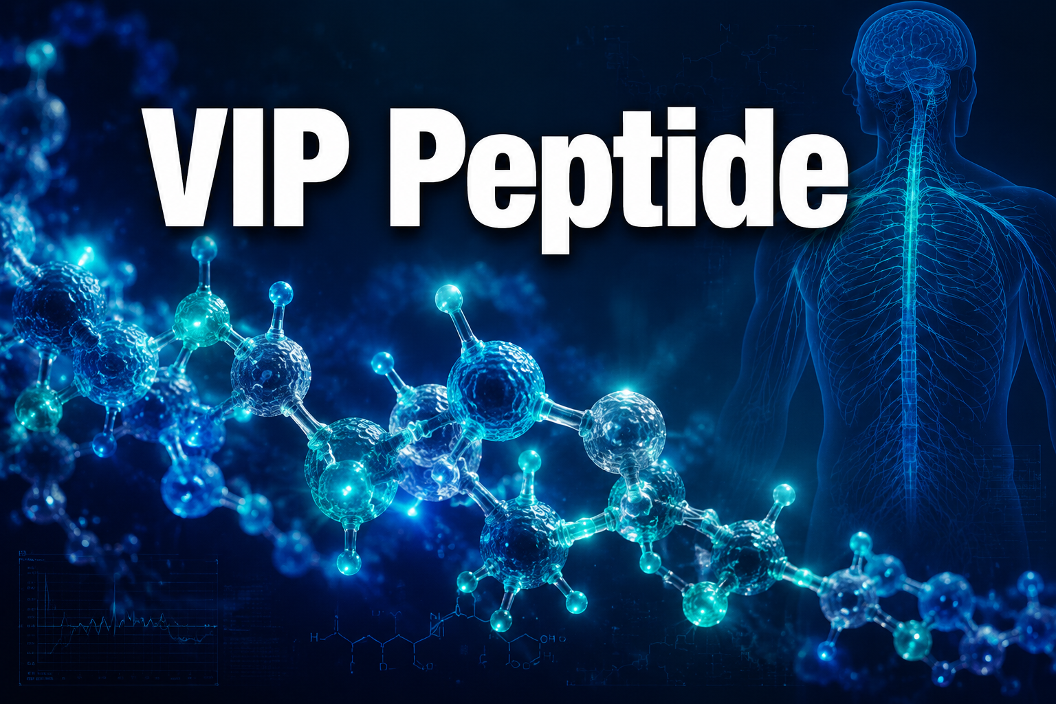 Professional () hero image with : 'VIP Peptide' in extra large white with dark drop , centered upper third. Background shows