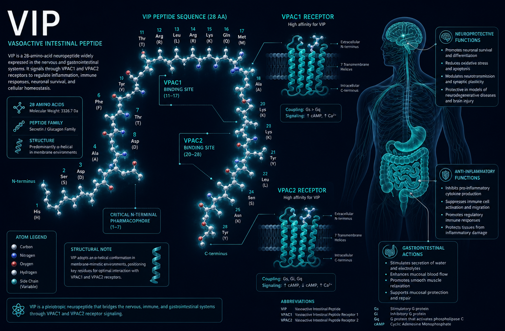 Detailed () scientific illustration showing the VIP peptide molecular structure as a glowing 28-amino-acid chain rendered in