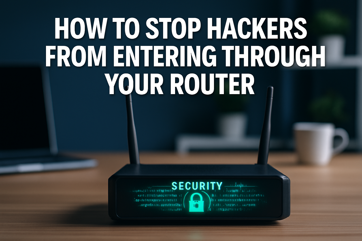 Professional landscape hero image (1536x1024) featuring bold text overlay 'How to Stop Hackers from Entering Through Your R...				<a href=