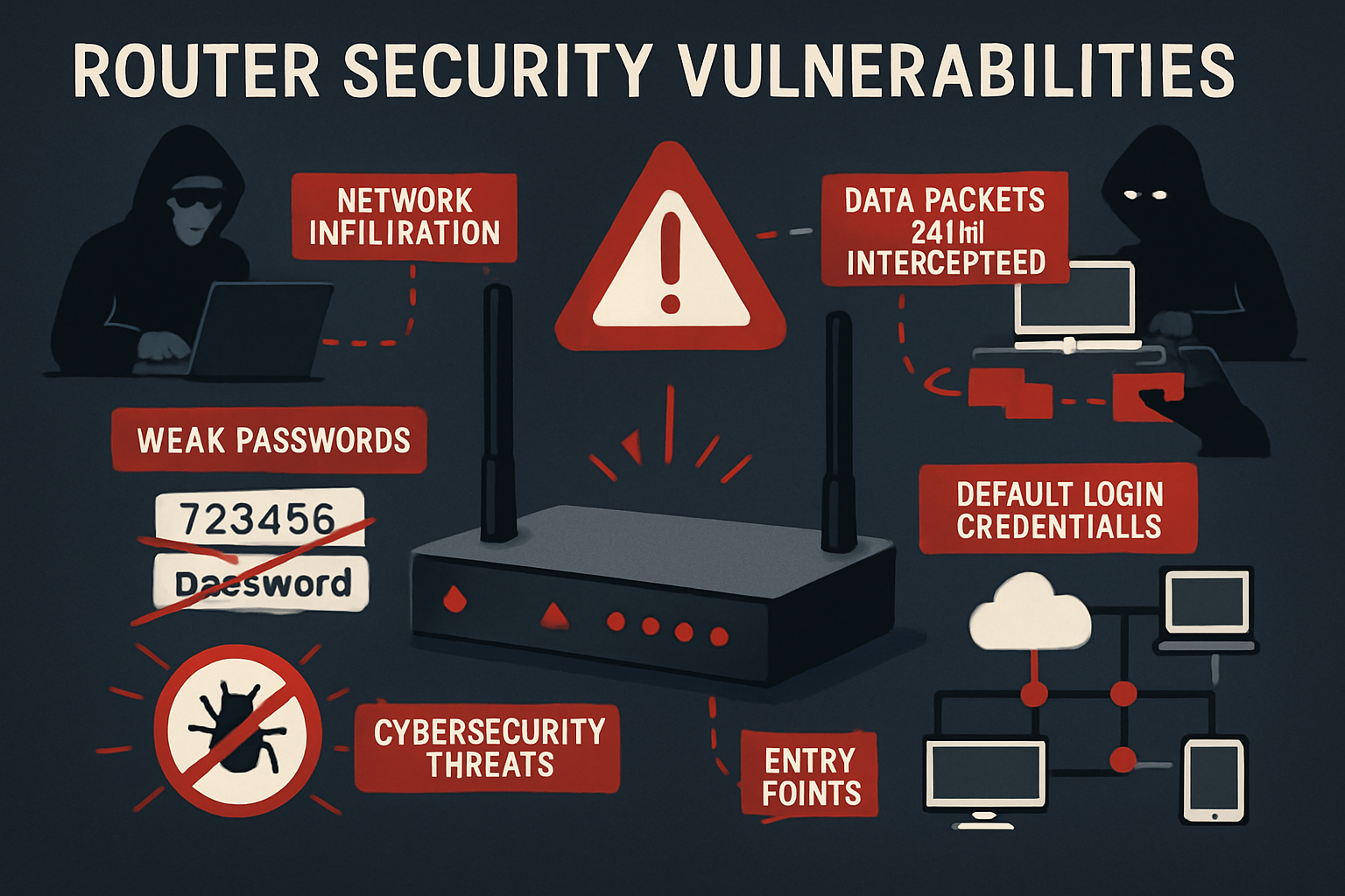 Detailed infographic showing router security vulnerabilities with visual elements: unsecured router with red warning indicators, hacker silh