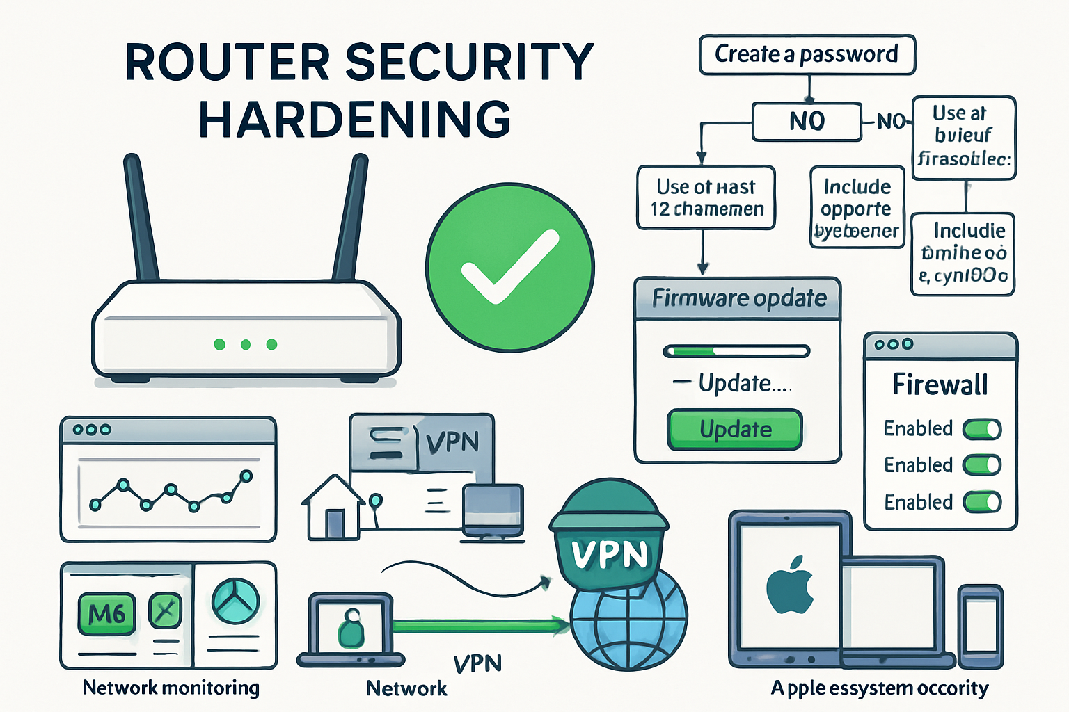 Comprehensive visual guide displaying router security hardening steps: secure router with green checkmarks, strong password creation flowcha