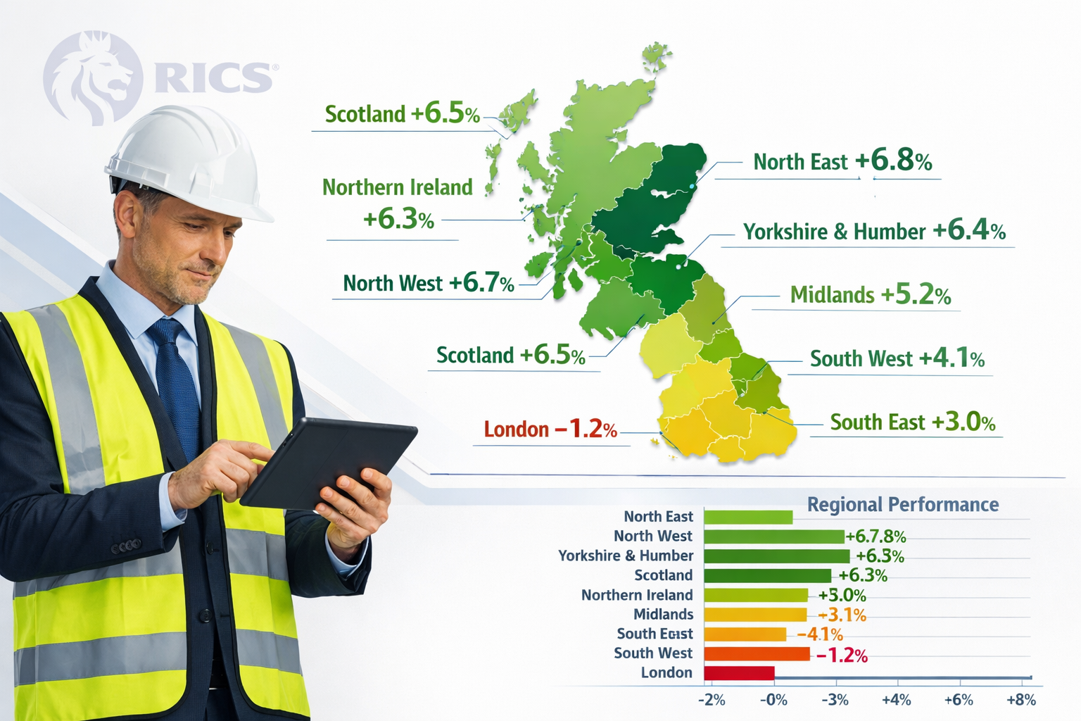 Detailed () infographic showing UK map with color-coded regions displaying percentage growth rates, North East highlighted