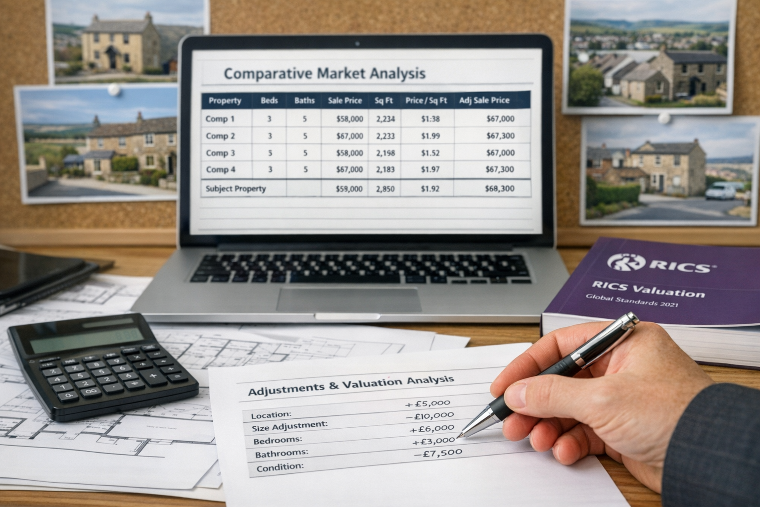 () close-up photograph of professional chartered surveyor's desk workspace showing comparative market analysis spreadsheet