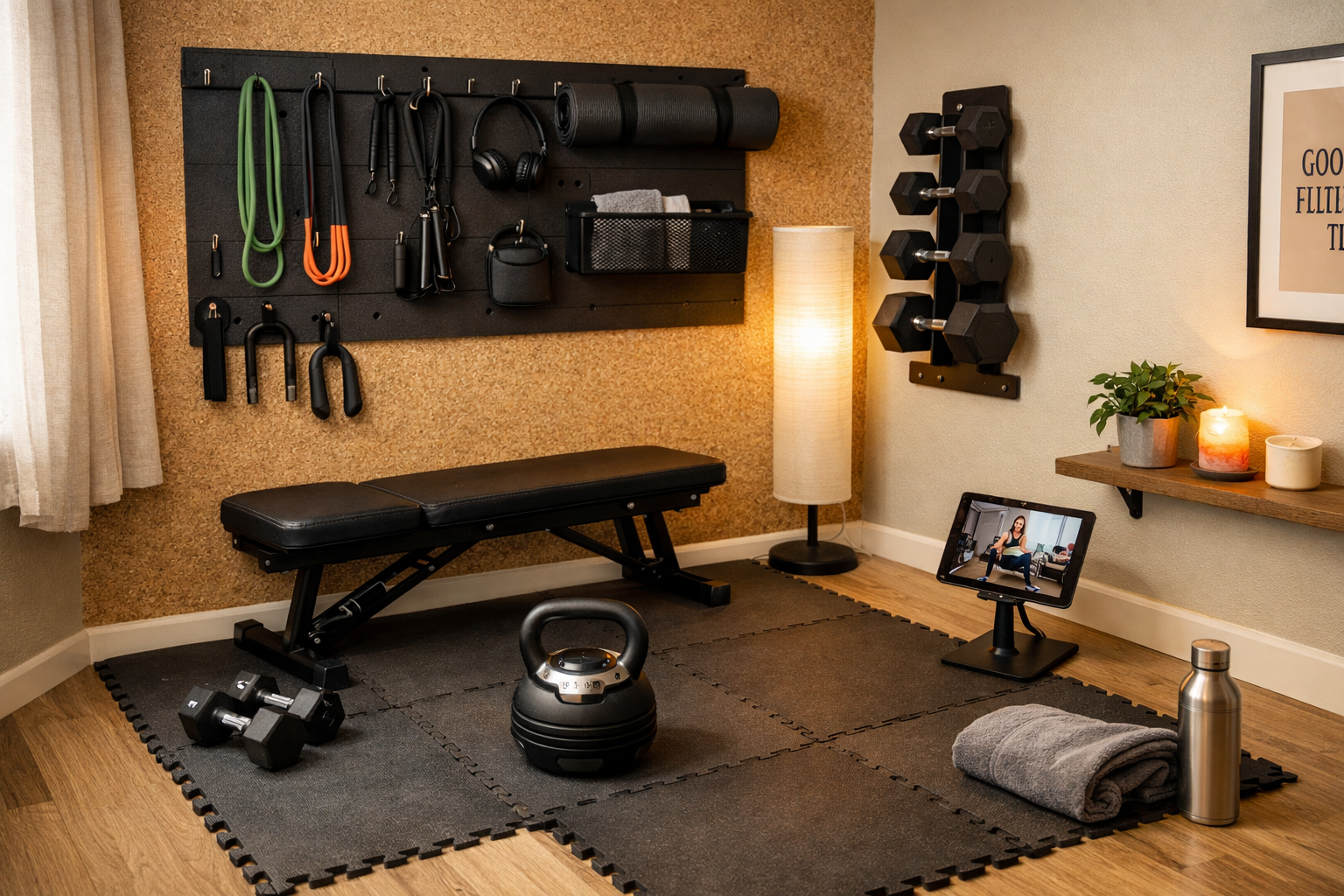 () editorial lifestyle image focused on compact home gym design and space-saving equipment in a small apartment. Show a