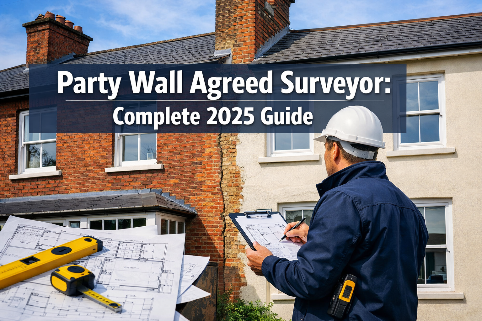 Professional landscape hero image (1536x1024) featuring bold text overlay 'Party Wall Agreed Surveyor: Complete 2025 Guide' in extra large 7