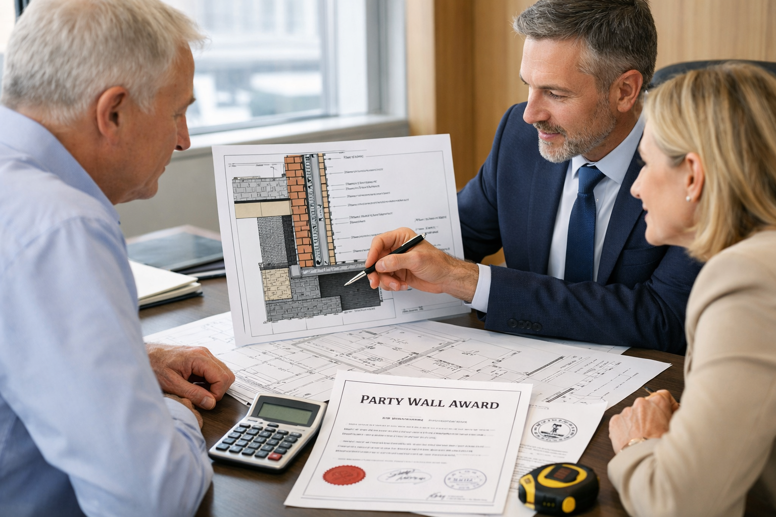 Detailed editorial photograph (1536x1024) showing professional meeting scene with three people around modern conference table - building own