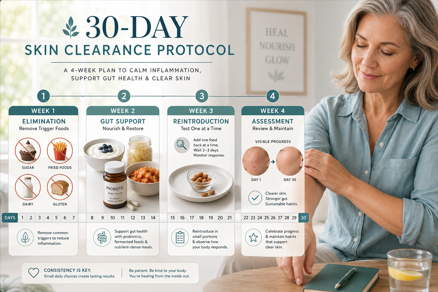 () depicting a calm 30-day skin clearance protocol as a visual timeline. Shows a horizontal calendar strip spanning 4 weeks