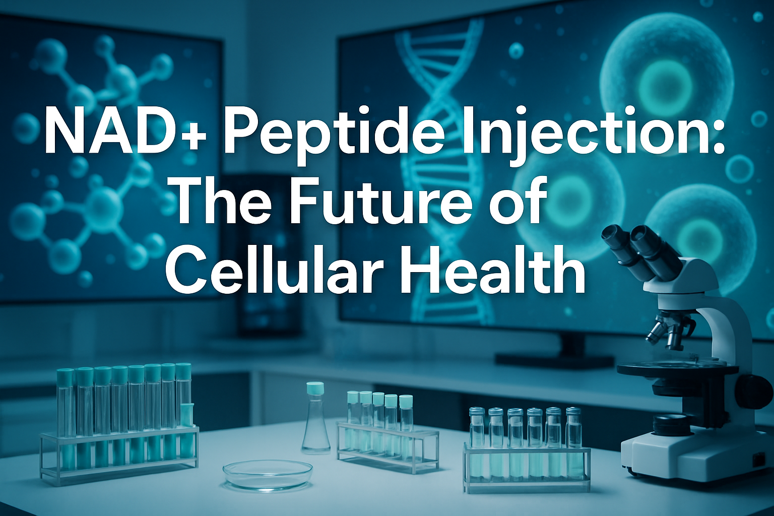 Professional landscape hero image (1536x1024) featuring bold text overlay 'NAD+ Peptide Injection: The Future of Cellular Health' in extra l