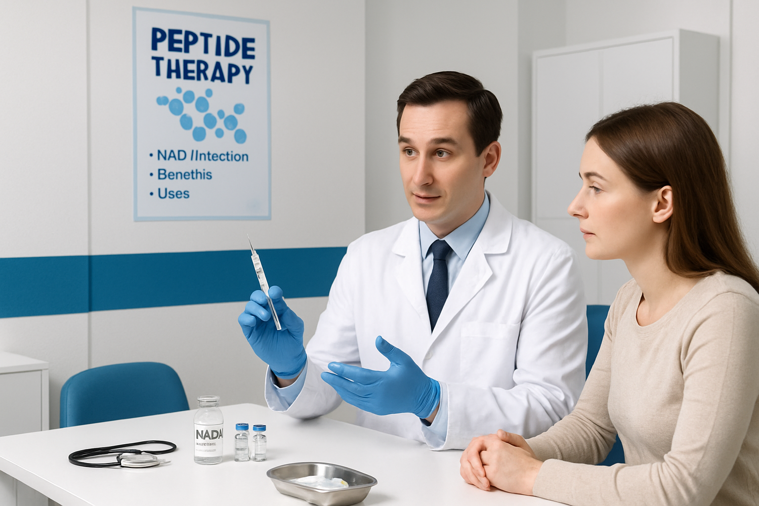 Professional medical consultation scene showing healthcare provider explaining NAD+ peptide injection benefits to patient, modern clinic set