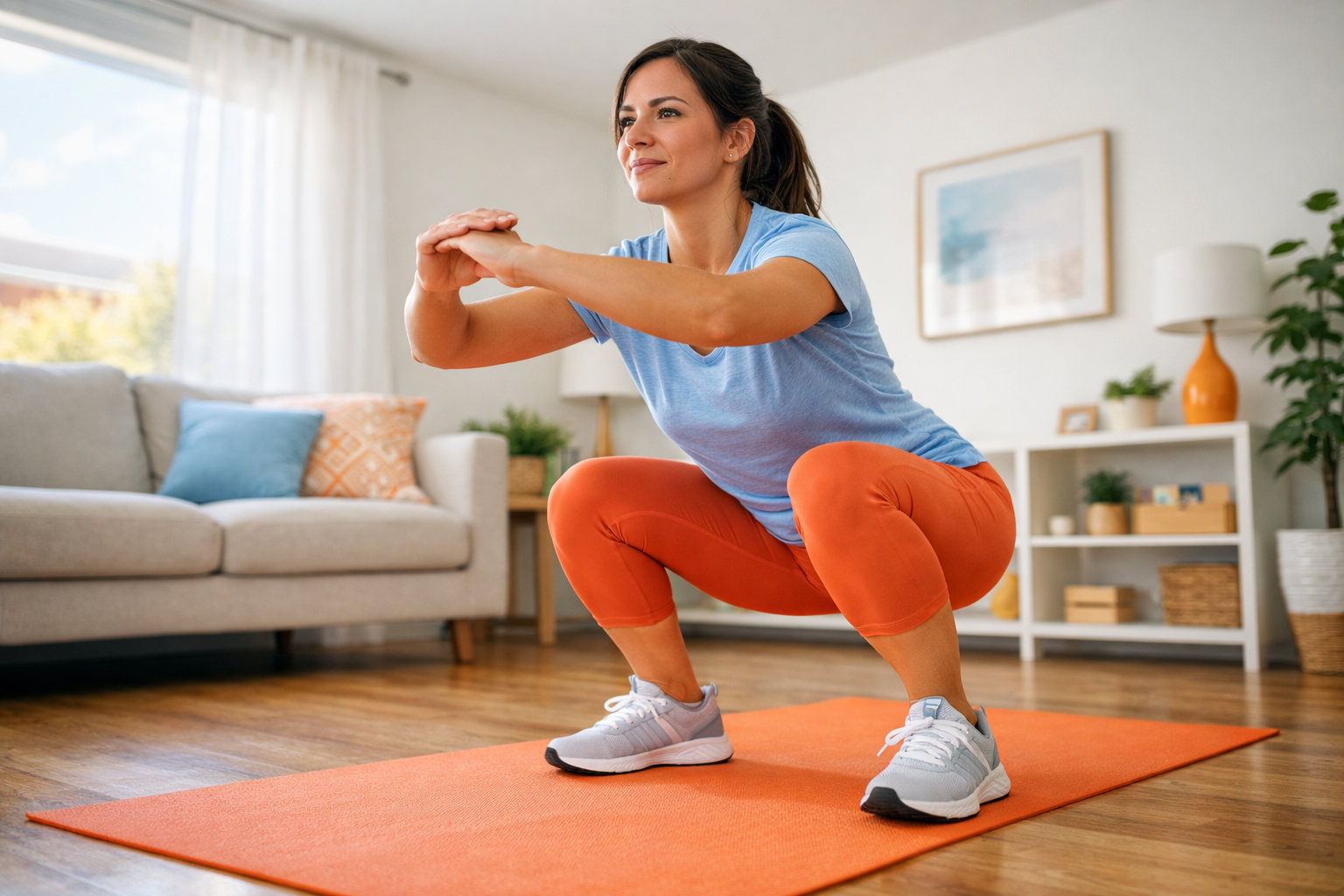Landscape format (1536x1024) showing a beginner-friendly home workout scene: a woman in her 30s performing a bodyweight squat in a bright living room, wearing comfortable athletic clothes and supportive sneakers, yoga mat on hardwood floor, natural sunlight, no equipment visible. Wide-angle shot from slightly below emphasizing proper form and approachable fitness. Color palette: soft blues, warm whites, energetic orange accents. Candid, authentic, editorial photography style. 
