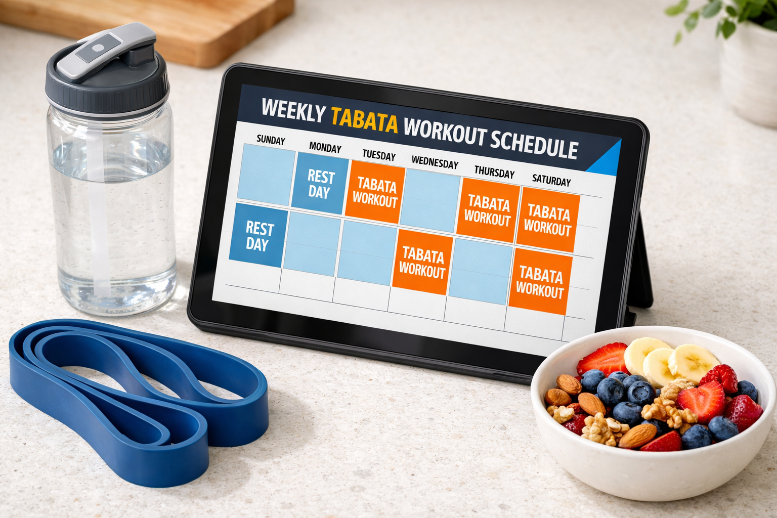 Landscape format (1536x1024) depicting a weekly Tabata workout schedule displayed on a modern digital tablet propped on a kitchen counter, showing a colorful 7-day calendar grid with workout days highlighted in orange and rest days in soft blue. A water bottle, resistance band, and healthy snack bowl sit beside the tablet. Bright, clean lifestyle photography aesthetic, overhead-angled perspective, motivational and organized feel, professional editorial quality.