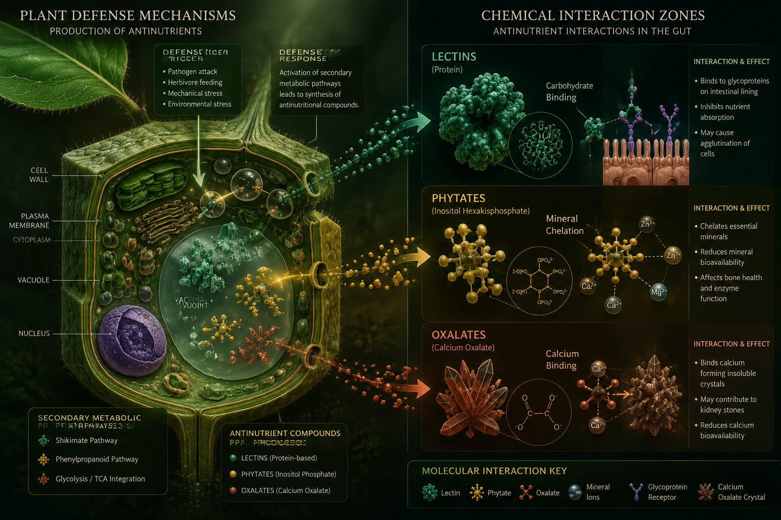 Detailed botanical and molecular visualization exploring plant defense mechanisms producing antinutrients. Split landscape