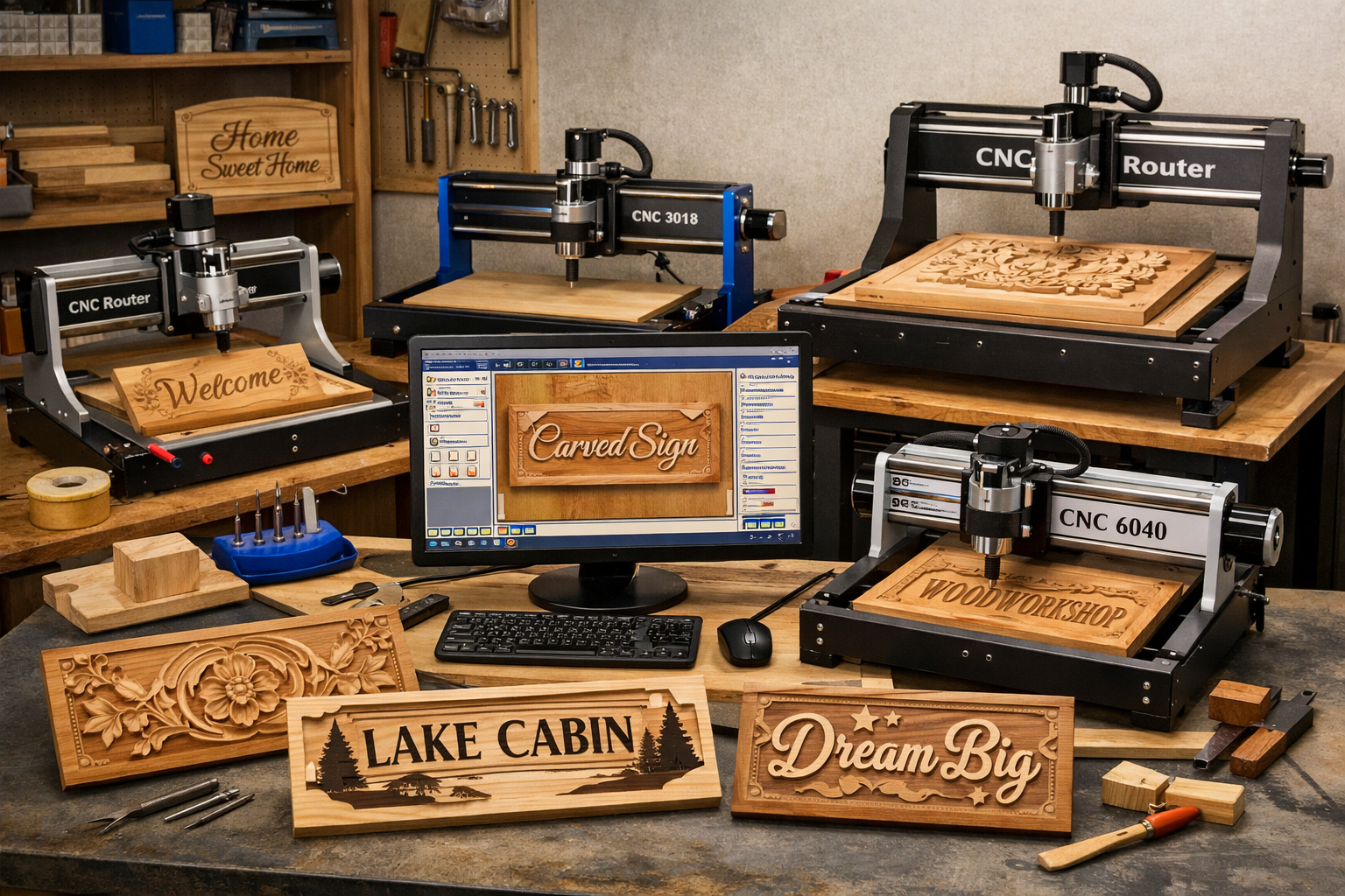() image illustrating a diverse range of entry-level CNC routers in a tidy workshop setting, showcasing models from compact